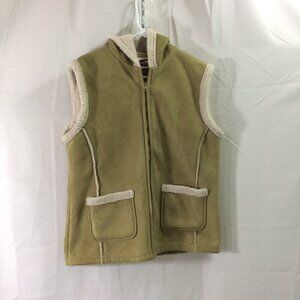 Moose Creek Womens Faux Suede Sherpa Lined Vest Hooded Zipper Pockets Large
